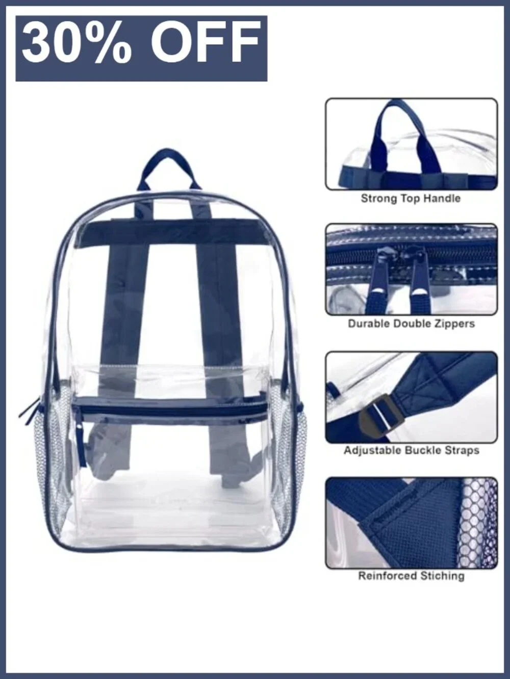 Clear Backpack Heavy Duty with Padded Straps, Side Pockets, School Approved